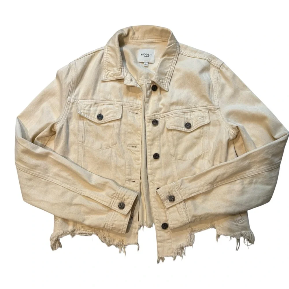 HIDDEN JEANS Rebel Fray Hem Denim Trucker Jacket in Cream, Sz L - Picture 12 of 16